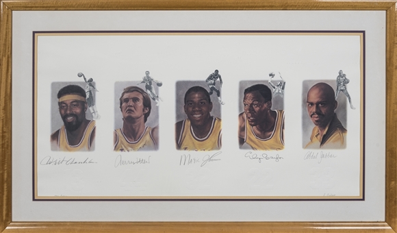 Los Angeles Lakers Legends Signed & Framed 44x26 Artwork - Chamberlain, West, Johnson, Baylor & Abdul-Jabbar (JSA)